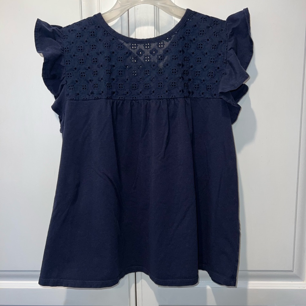 LOFT Navy Eyelet Cotton Flutter Sleeve Blouse Boho Cottagecore Top Medium - Picture 2 of 9